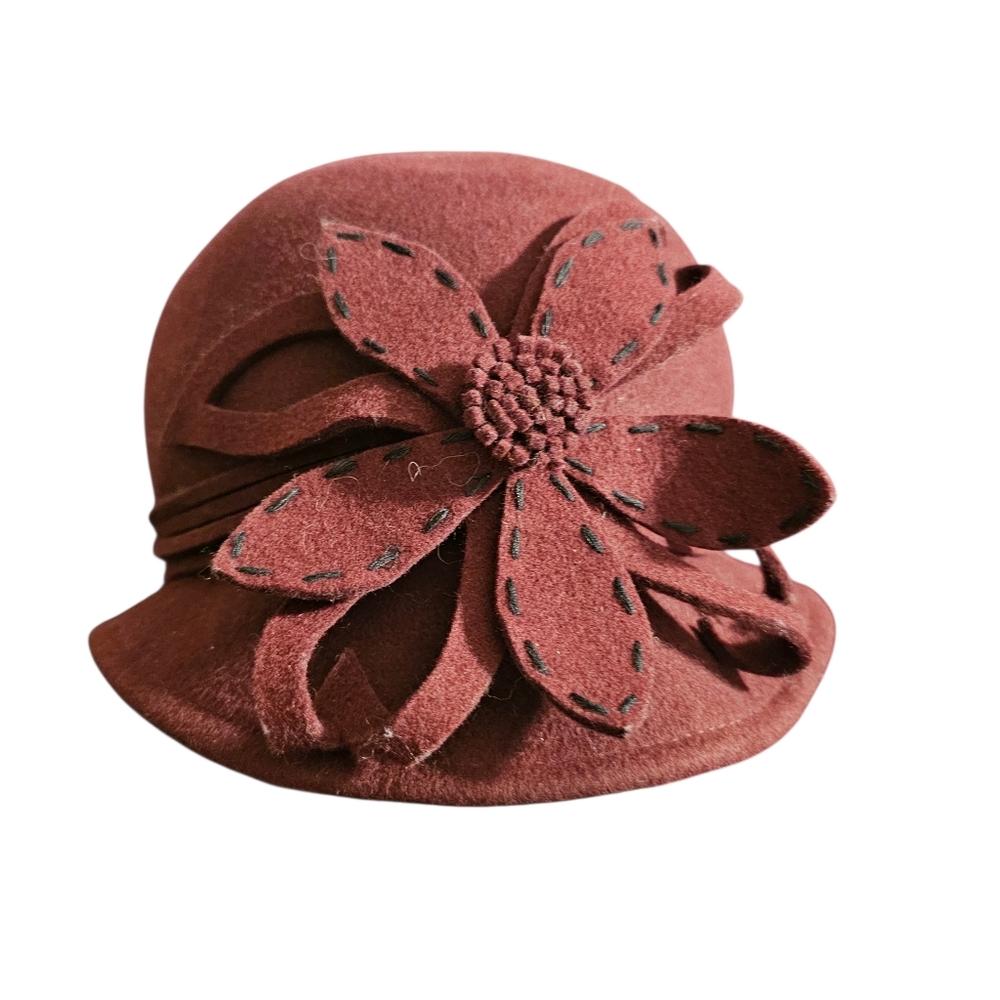 Delux Vintage Style Felt Womens Hat Floral Detail Burgundy 20s 30s 40s - Picture 2 of 13